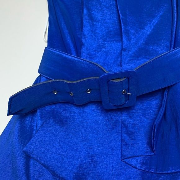 Y2K Va Va Voom Electric Blue Mini Dress Asymmetric Peplum Belted Strapless Sz M - Picture 7 of 7